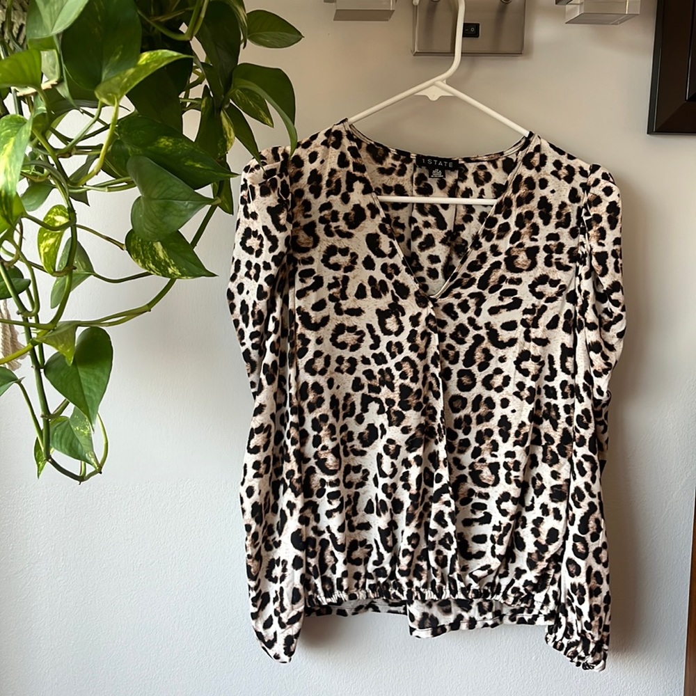 1. STATE Leopard Print Long Sleeve V Neck Top (XS)